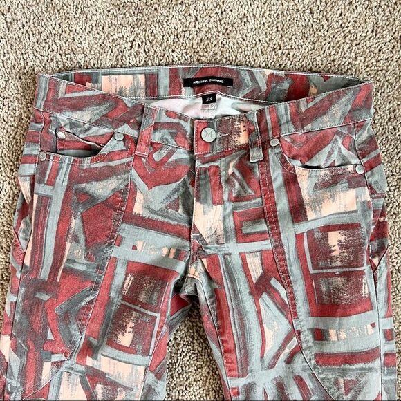 Monika Chiang Geometric Moto Skinny Pants Women's 25 Low Rise Ankle Zip Gray Red - Picture 2 of 7